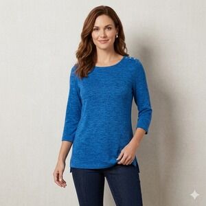 Liz Claiborne Womens Size Medium Blue Marled Knit Tunic Top Button Shoulder